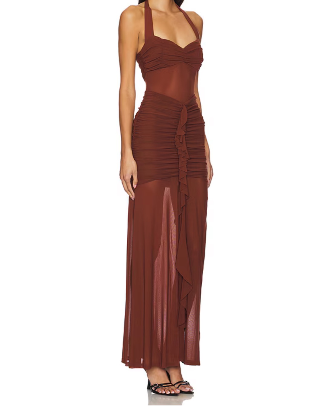 Ruched Halter Maxi Dress In Deep Brown